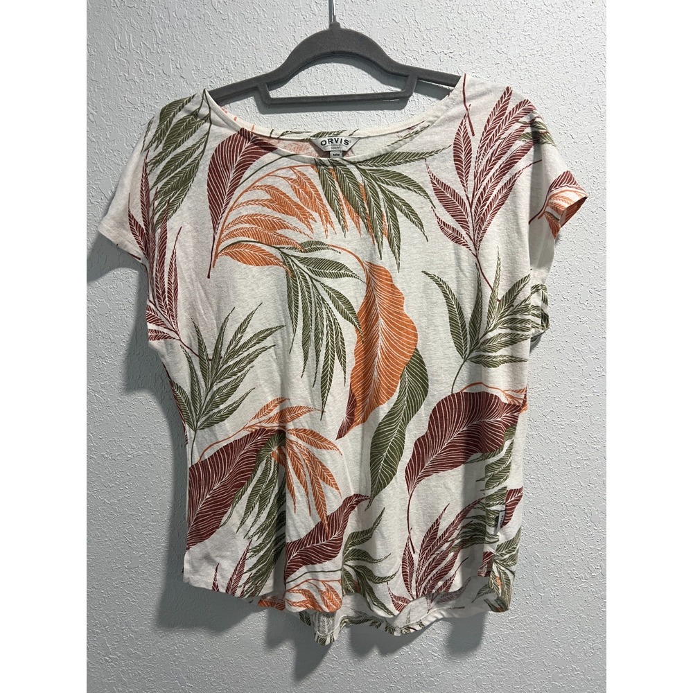 Orvis‎ Womens Top Tropical Palm Print Short Sleeve Linen Blend Size M